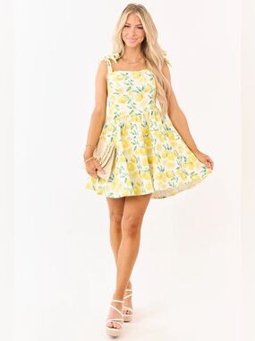 Lovelo Ivory Lemon Print Denim Sleeveless Mini dress